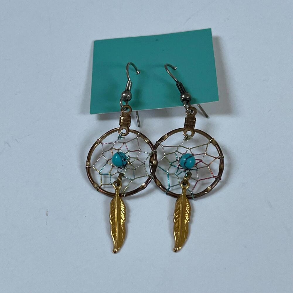 Vintage 1990s Goldtone Dreamcatcher Earrings Golden Feathers & Turquoise Beads